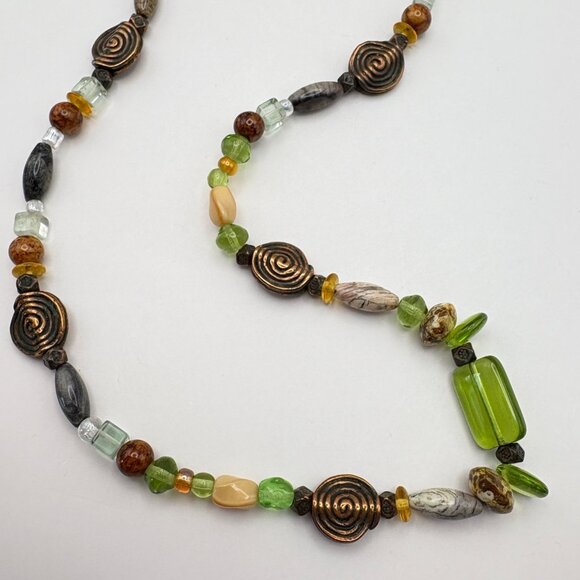 Earth Tone Beaded Necklace with Copper Spiral Accents Faux Stone Boho Nature - Picture 6 of 7